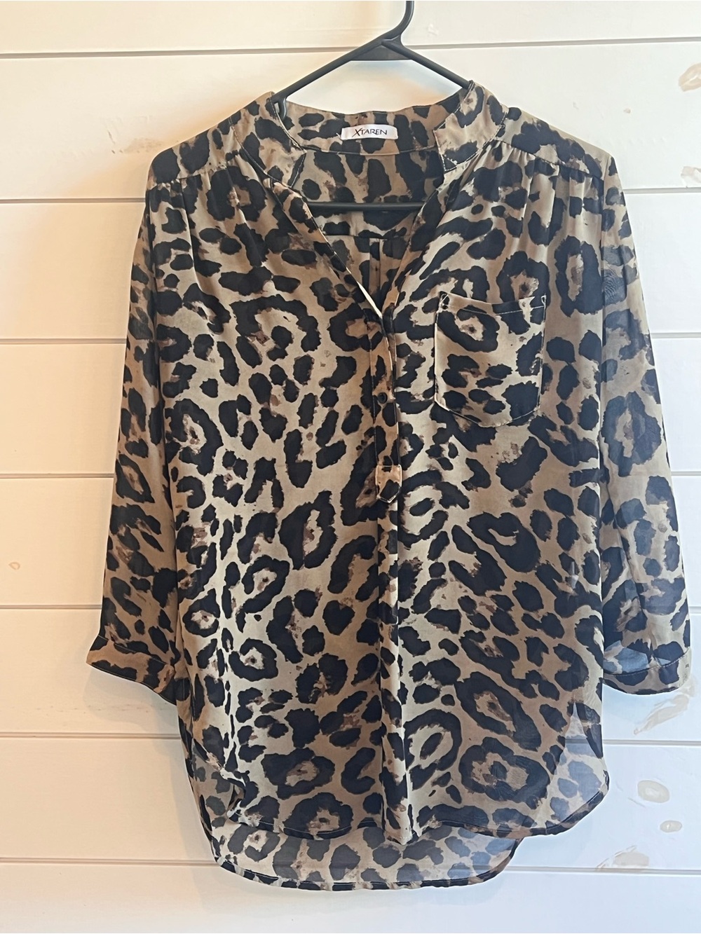 Xtaren Taupe and Black Leopard Print Button-Front Blouse